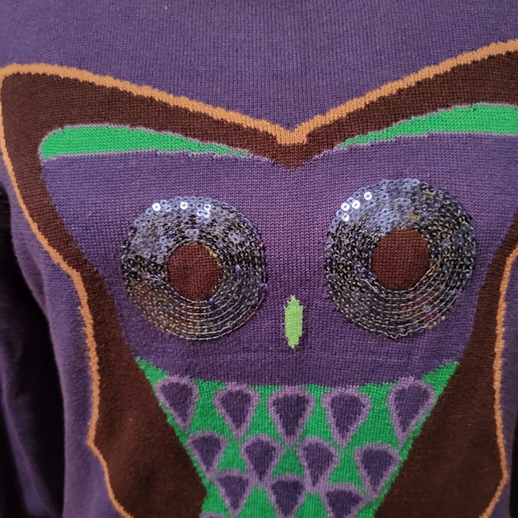 Cynthia Rowley Owl Sequin Sweater Medium Blue Pullover Green - Picture 2 of 5